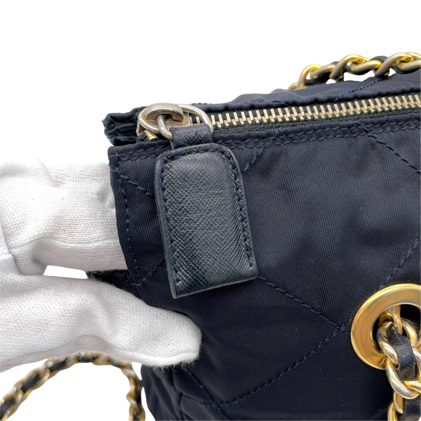 Prada triangle logo chain shoulder nylon tote bag in navy and gold