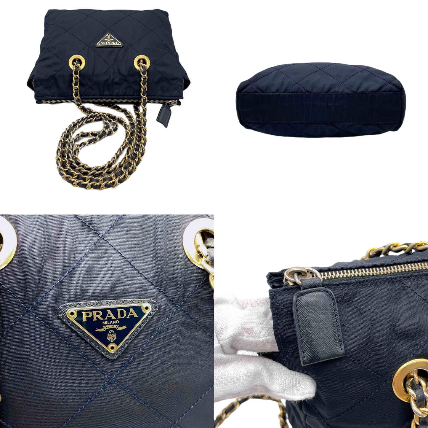 Prada triangle logo chain shoulder nylon tote bag in navy and gold