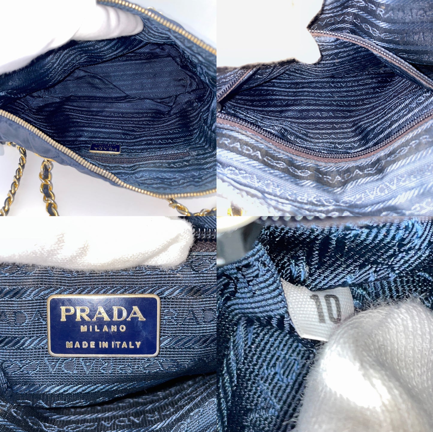 Prada triangle logo chain shoulder nylon tote bag in navy and gold