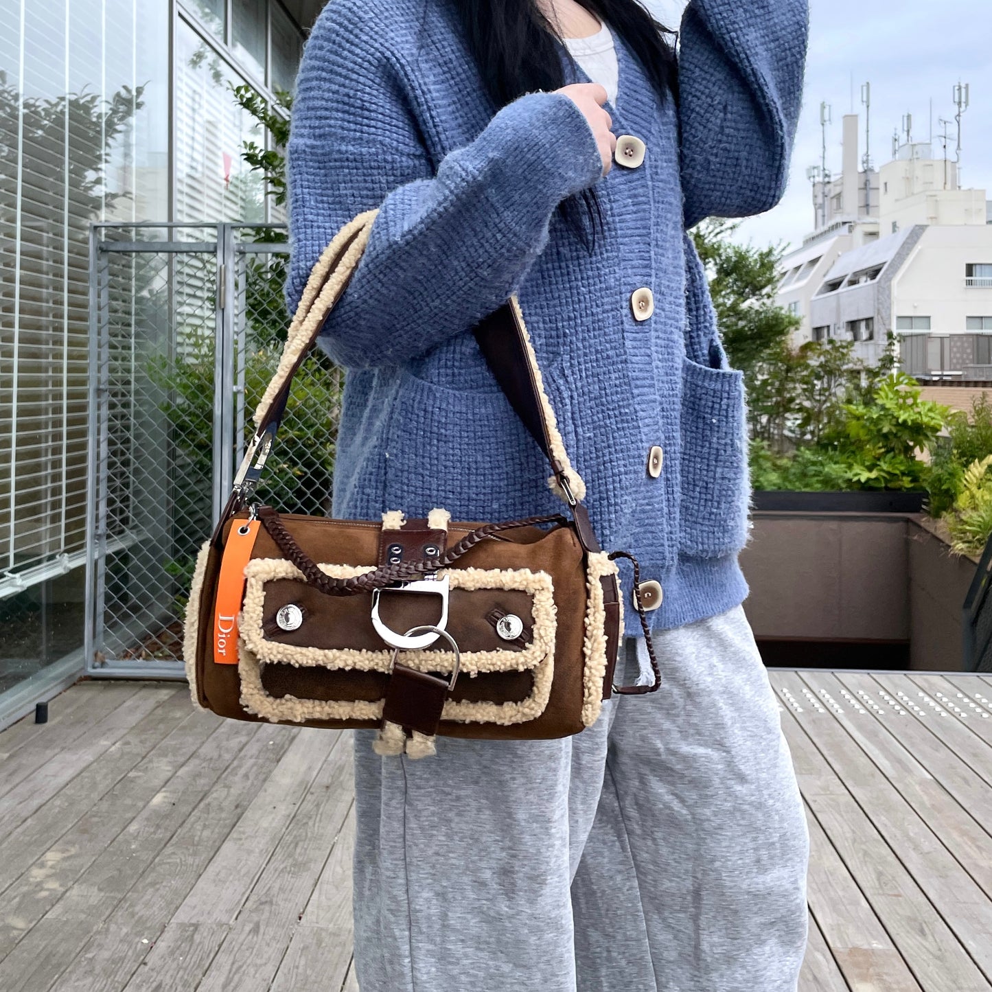 RARE☆☆☆☆☆CHRISTIAN DIOR 2005 FW Limited Flight Line Shearling D Logo Hobo Shoulder Bag Brown & Orange
