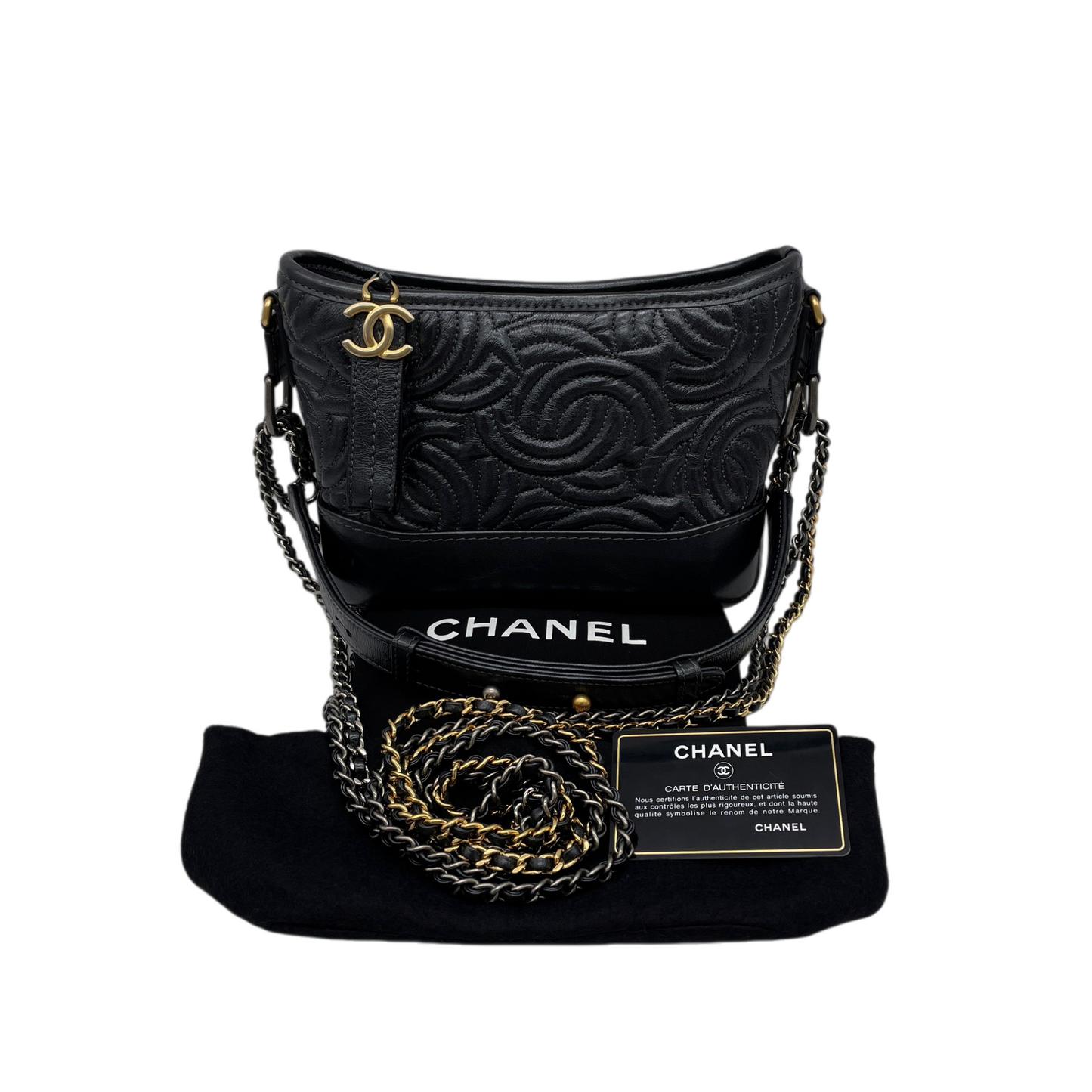 RARE★★★CHANEL 2019~2020 Gabrielle Chanel Logo Calf Leather Hobo Shoulder Bag Small Black Gold