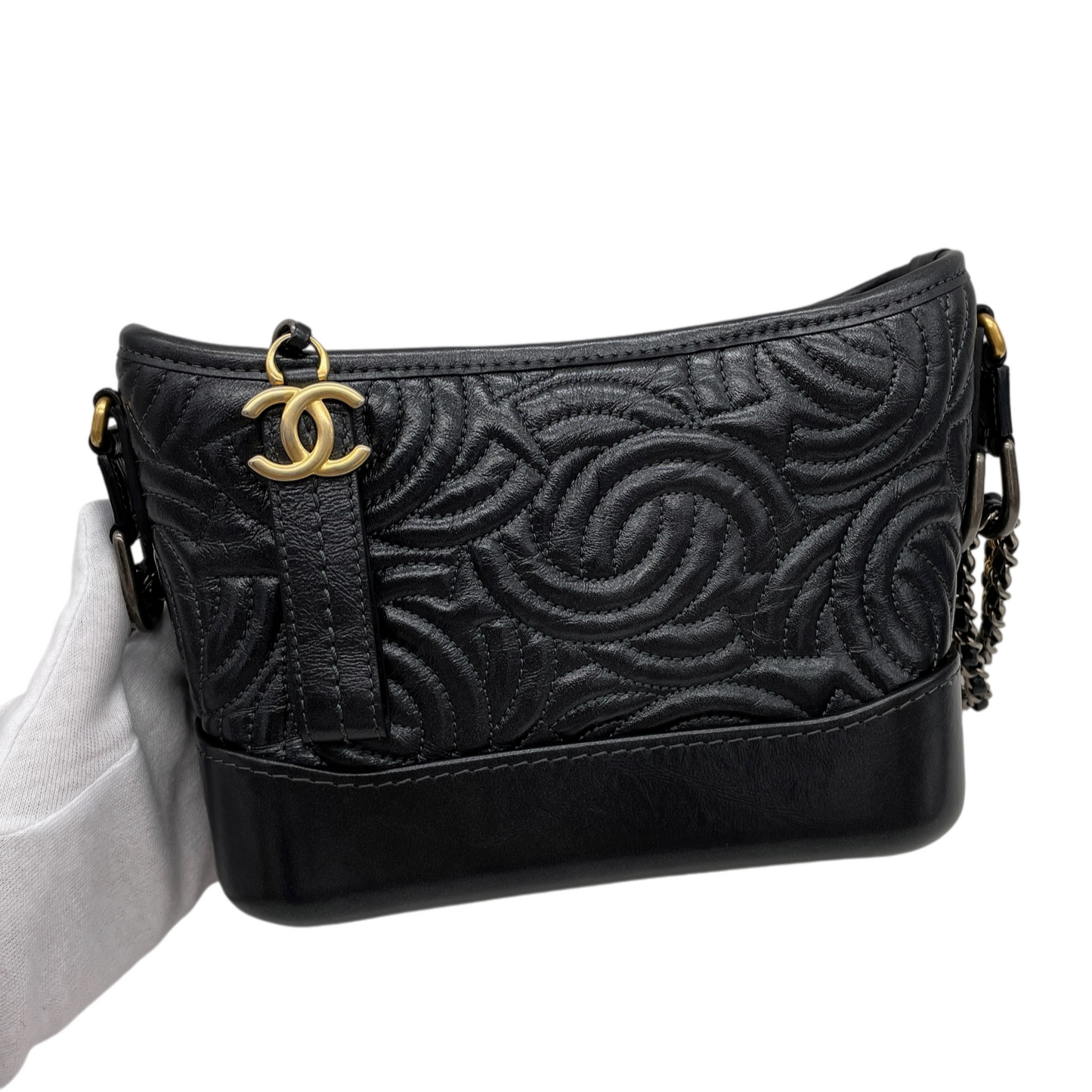 RARE★★★CHANEL 2019~2020 Gabrielle Chanel Logo Calf Leather Hobo Shoulder Bag Small Black Gold