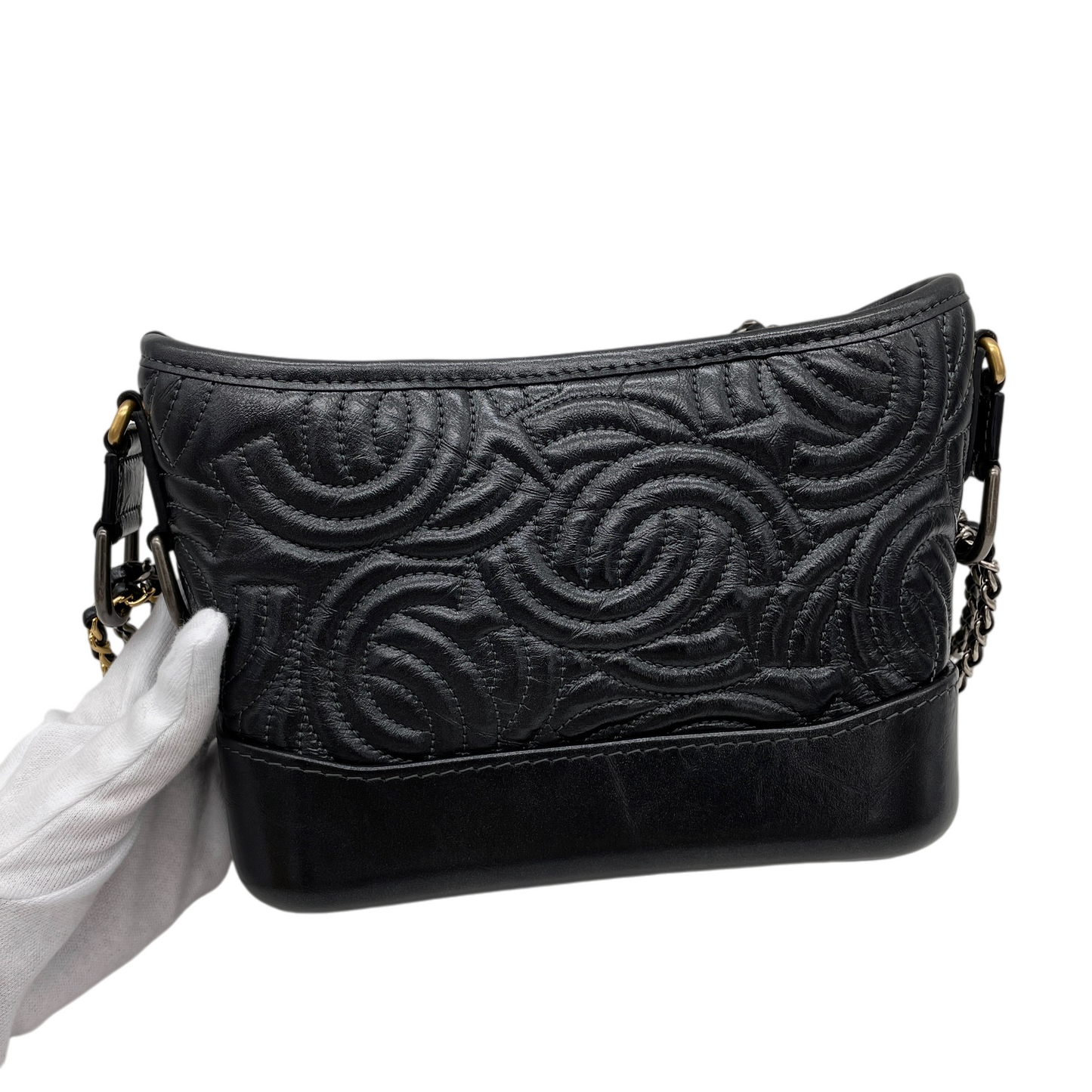 RARE★★★CHANEL 2019~2020 Gabrielle Chanel Logo Calf Leather Hobo Shoulder Bag Small Black Gold