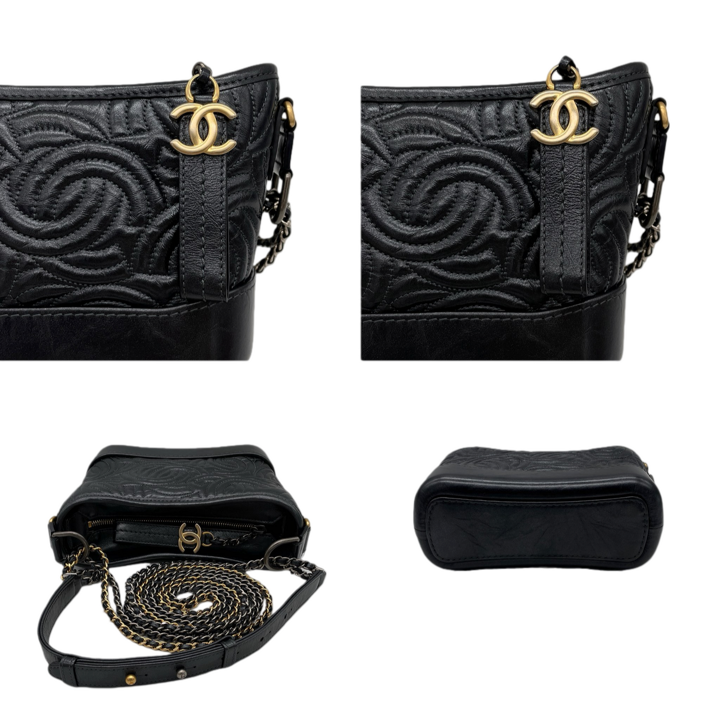 RARE★★★CHANEL 2019~2020 Gabrielle Chanel Logo Calf Leather Hobo Shoulder Bag Small Black Gold
