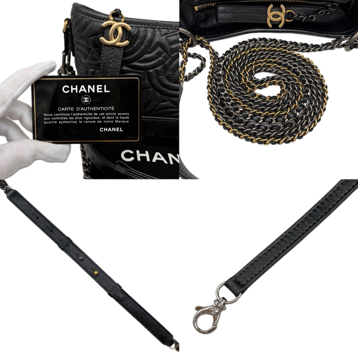 RARE★★★CHANEL 2019~2020 Gabrielle Chanel Logo Calf Leather Hobo Shoulder Bag Small Black Gold