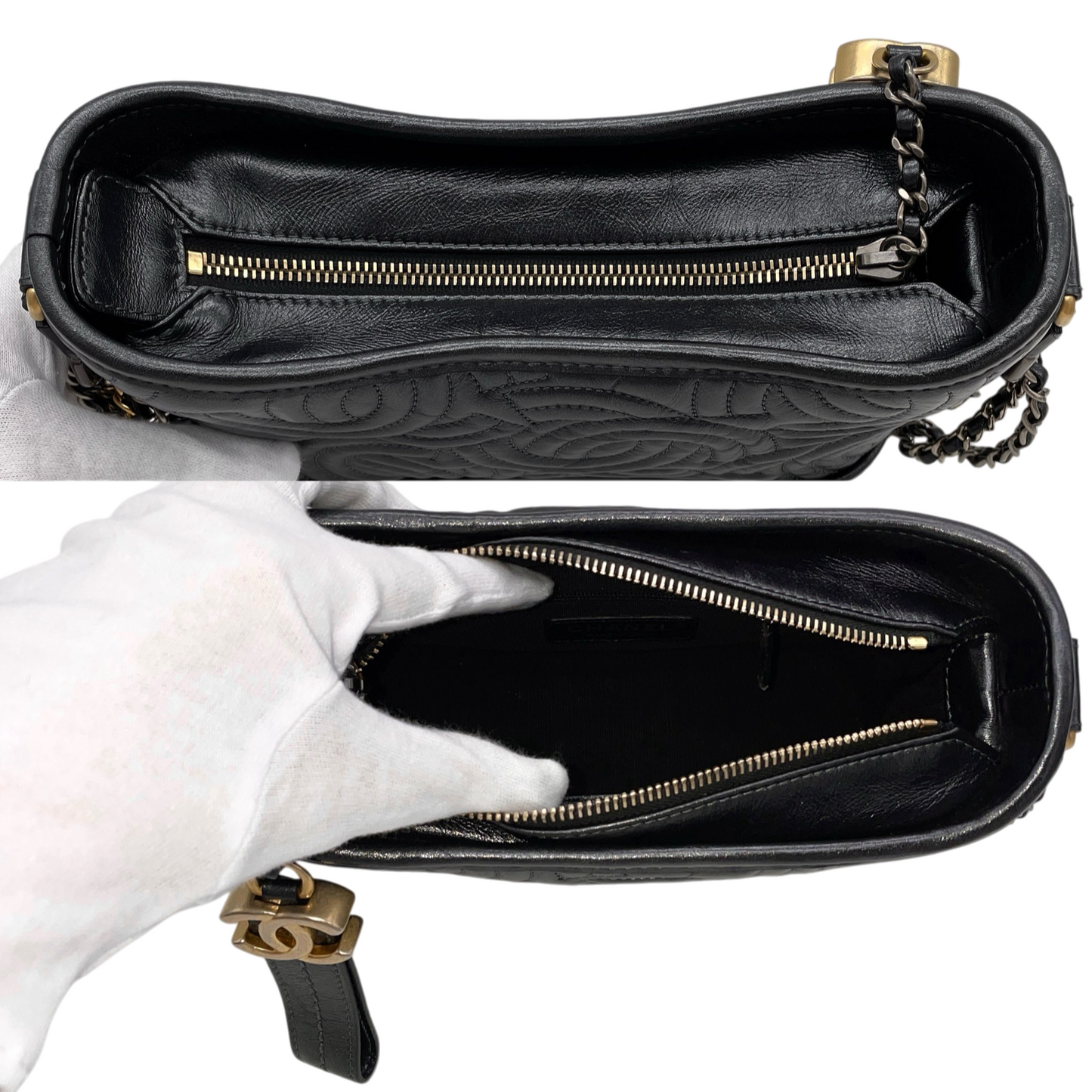 RARE★★★CHANEL 2019~2020 Gabrielle Chanel Logo Calf Leather Hobo Shoulder Bag Small Black Gold