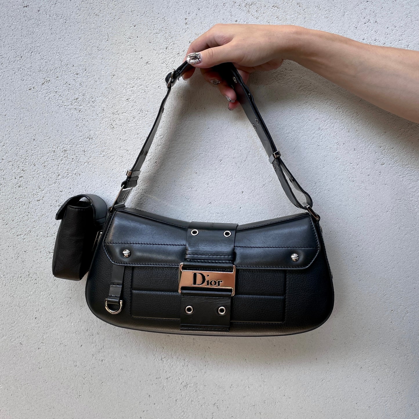 RARE☆☆☆☆CHRISTIAN DIOR Street Chic Columbus Bag Leather Shoulder Bag MM Black & Silver Pocket x 1