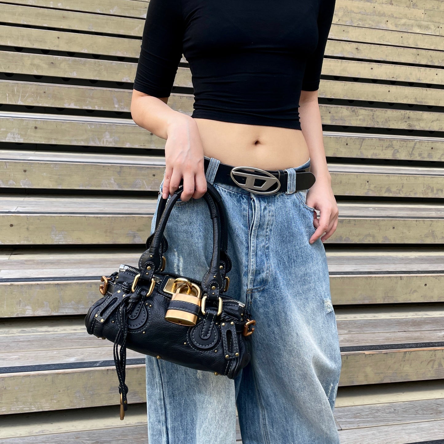 RARE☆☆☆☆Chloé Paddington Padlock Hand Bag Leather Black &amp; Gold