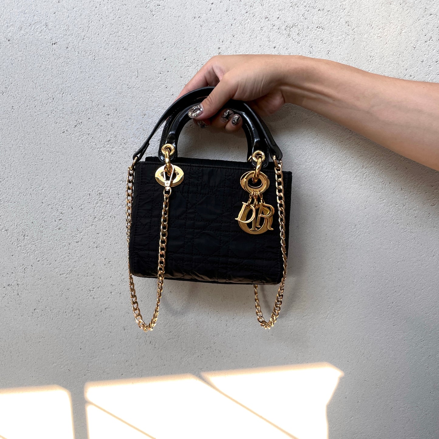 RARE☆☆☆☆CHRISTIAN DIOR Lady Dior Cannage Nylon Tote Hand Bag PM Black &amp; Gold