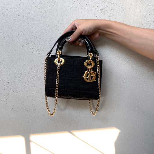 RARE☆☆☆☆CHRISTIAN DIOR Lady Dior Cannage Nylon Tote Hand Bag PM Black &amp; Gold