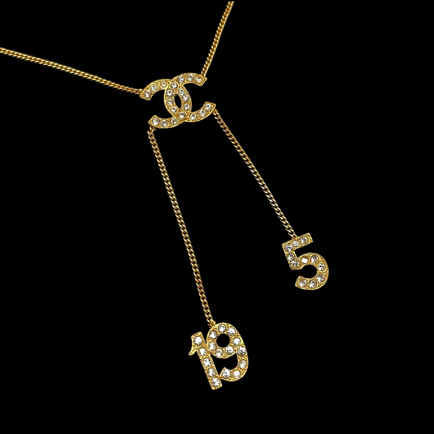 Afar Vintage Pre-owned CHANEL Rhinestone Cocommark 5 19 Gold Necklace