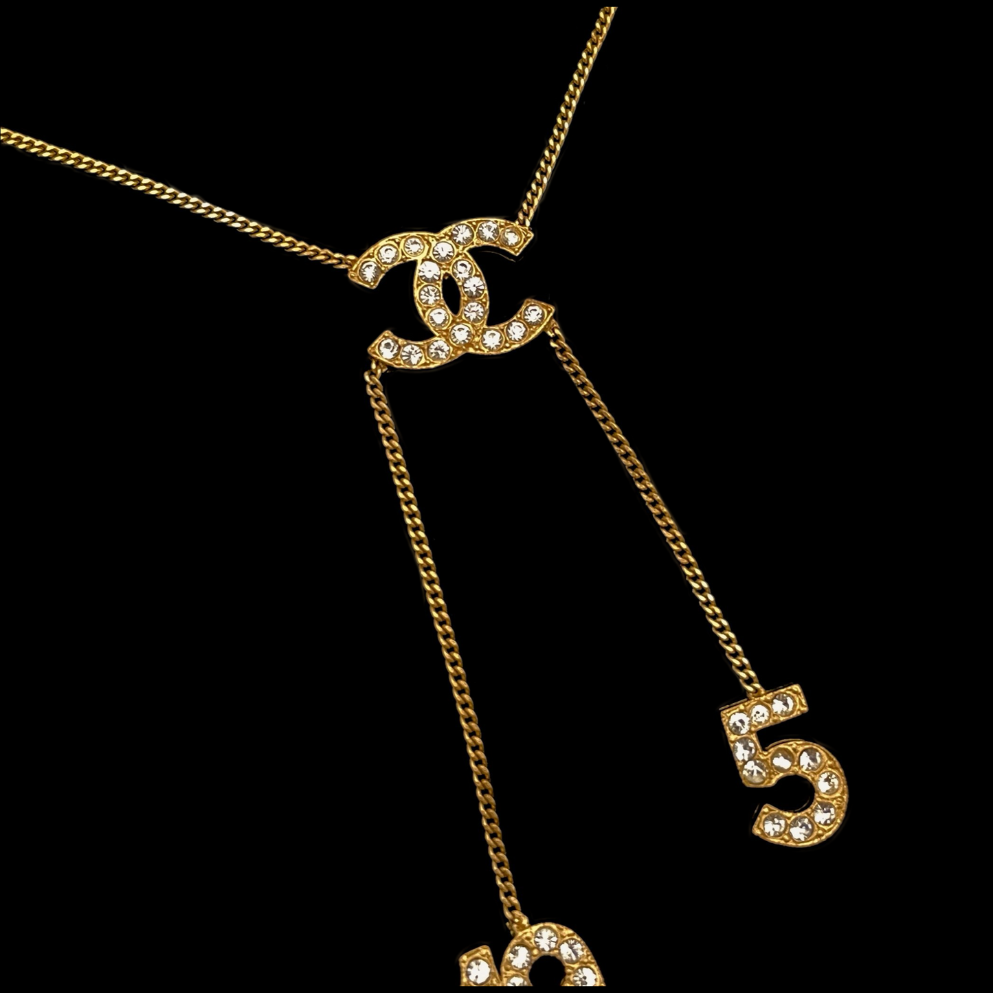 Afar Vintage Pre-owned CHANEL Rhinestone Cocommark 5 19 Gold Necklace