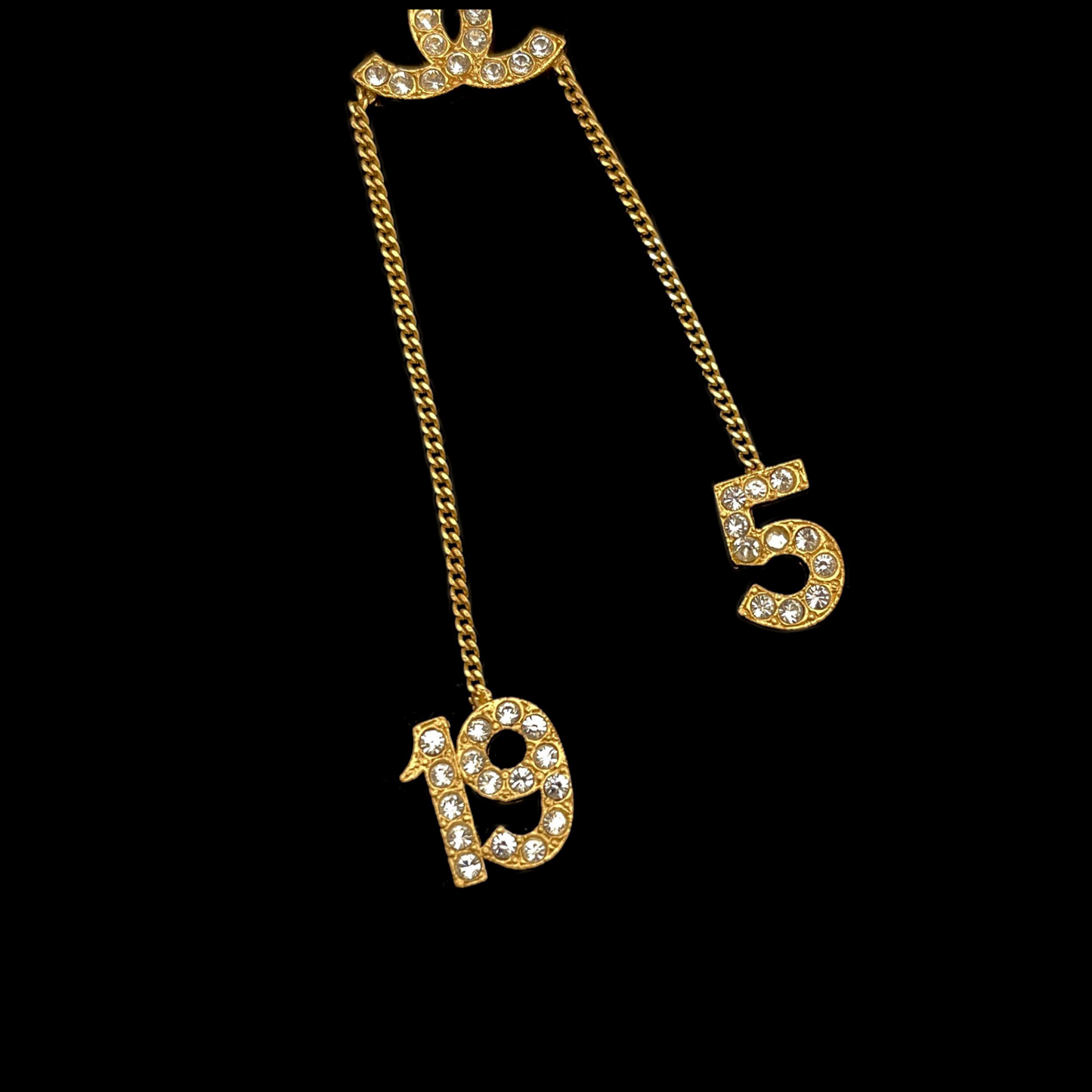 Afar Vintage Pre-owned CHANEL Rhinestone Cocommark 5 19 Gold Necklace