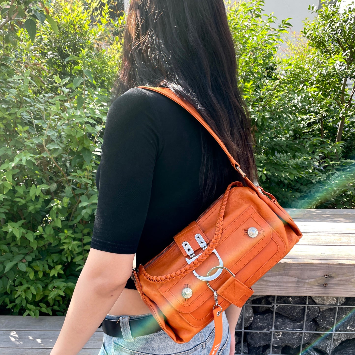 RARE☆☆☆☆CHRISTIAN DIOR 2005 FW Flight Line Leather D Logo Hobo Shoulder Bag Orange &amp; Silver