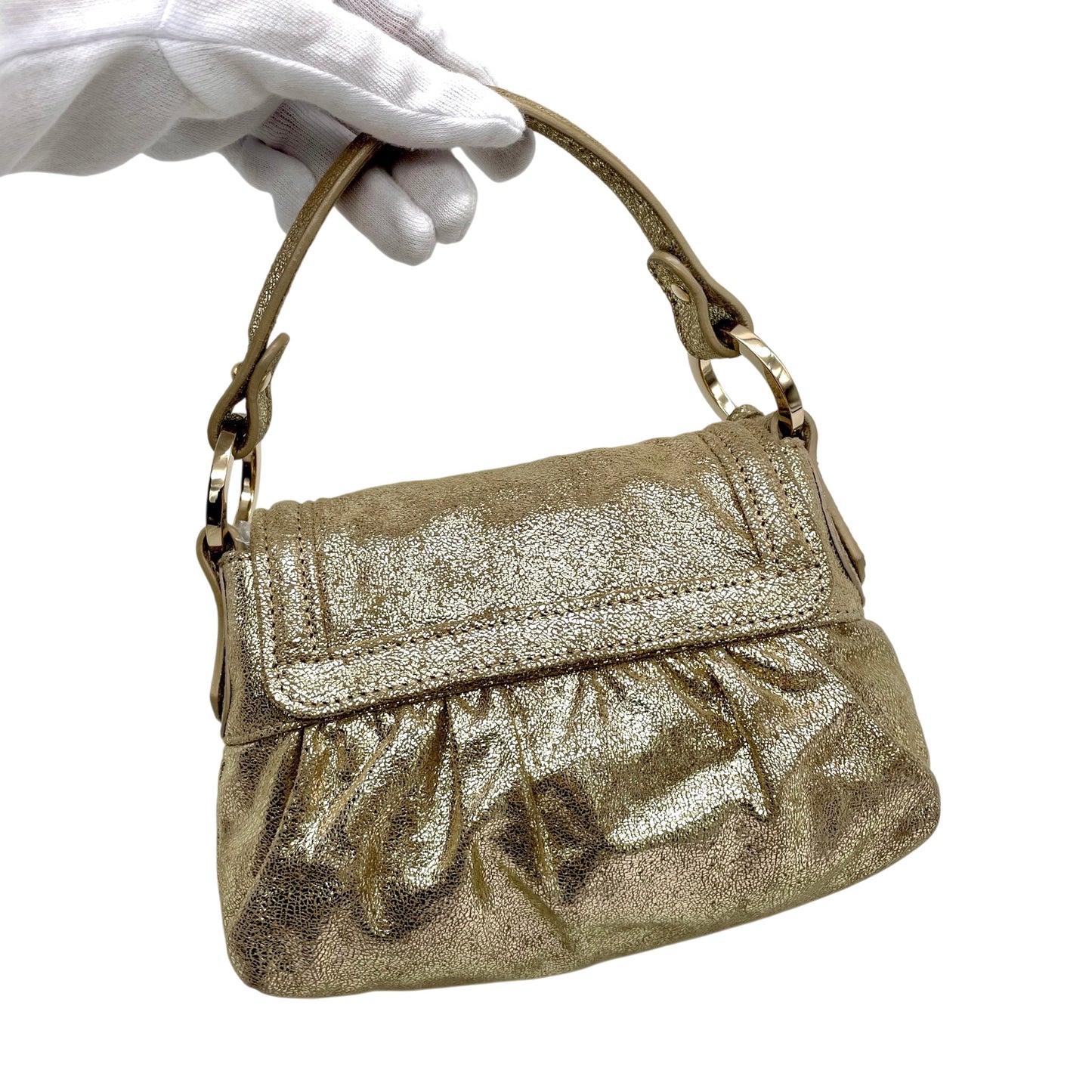 RARE☆☆☆☆FENDI Iridescent Calfskin Mini Baguette Chef Style Hand Bag Gold