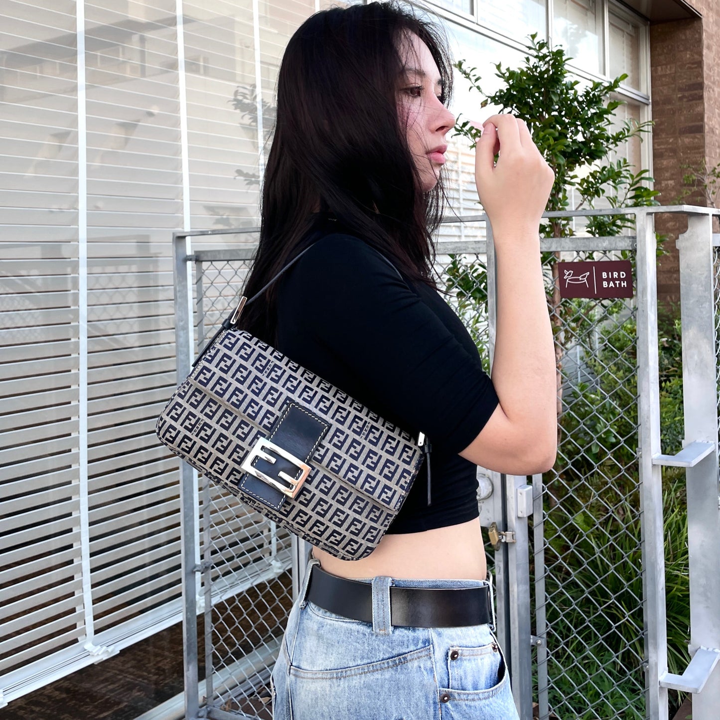 FENDI Zucchino Canvas Mamma Baguette PM Shoulder Bag Navy &amp; Silver