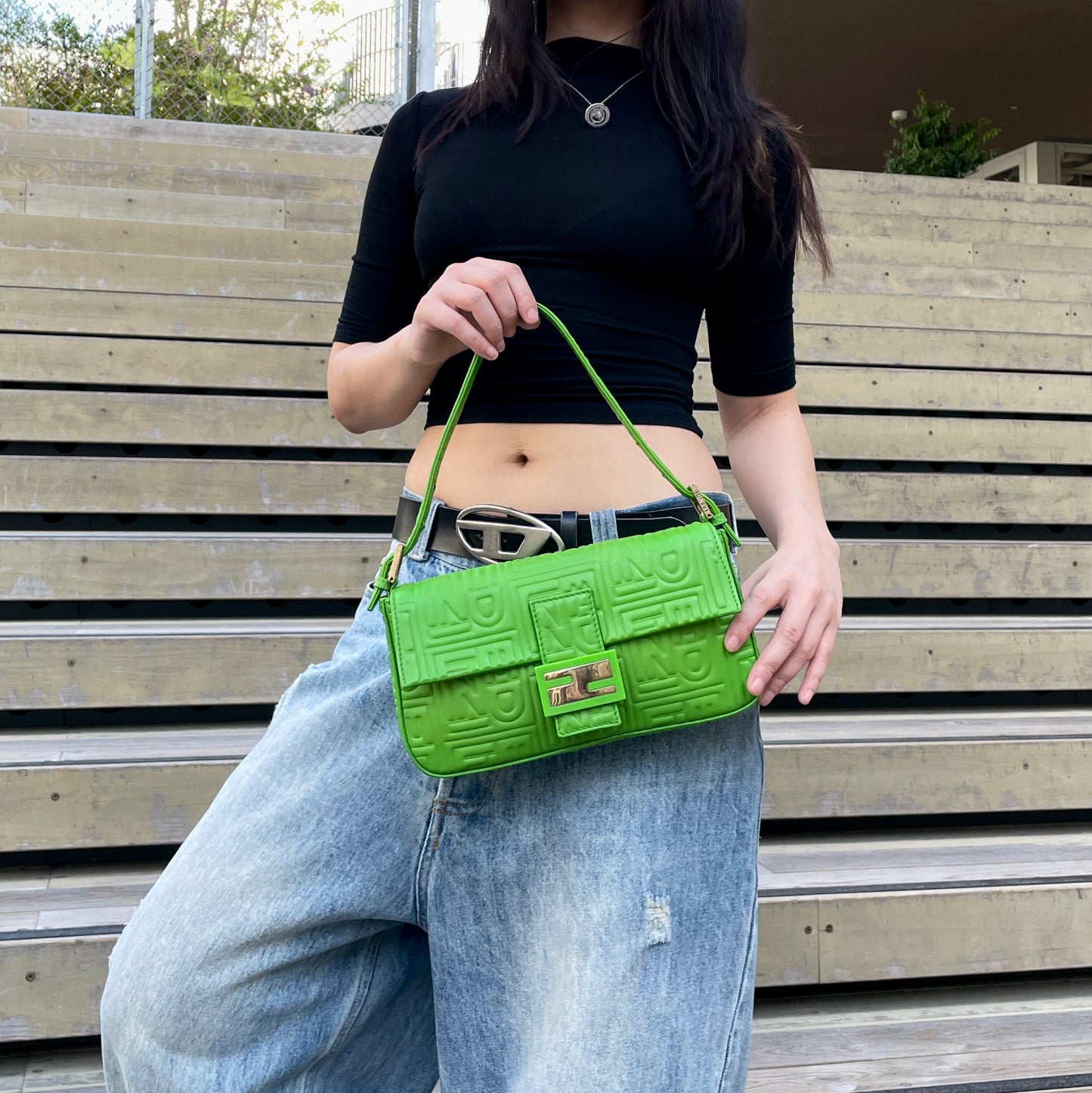 RARE☆☆☆☆Auth FENDI Leather FENDI Logos Mamma Baguette PM Shoulder Bag Green &amp; Gold