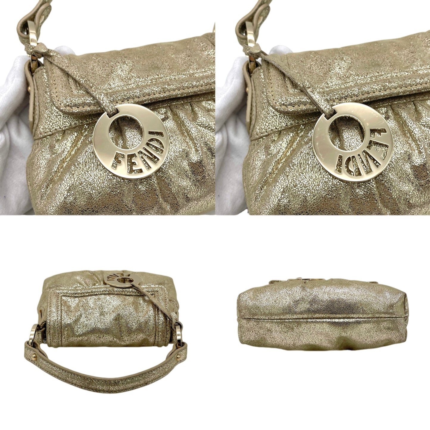 RARE☆☆☆☆FENDI Iridescent Calfskin Mini Baguette Chef Style Hand Bag Gold