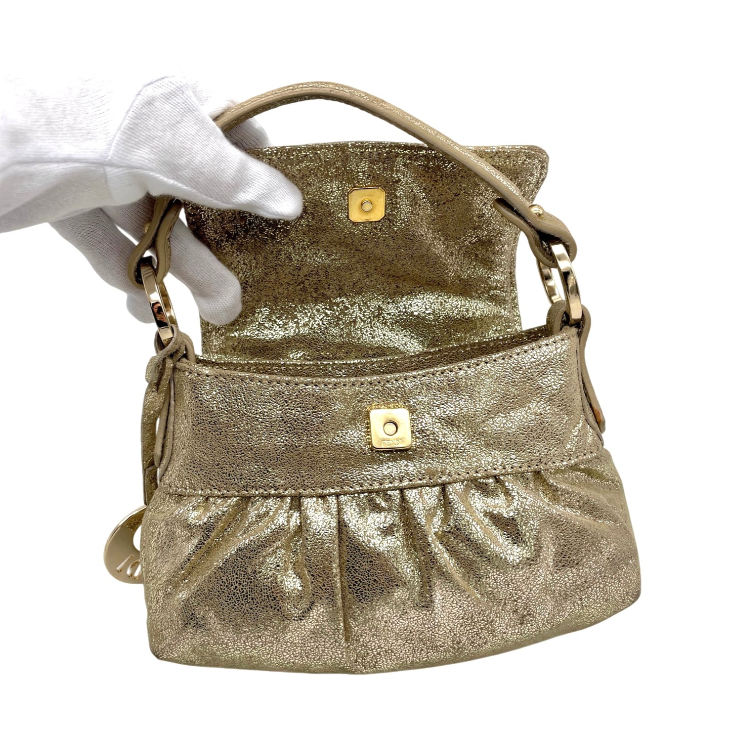 RARE☆☆☆☆FENDI Iridescent Calfskin Mini Baguette Chef Style Hand Bag Gold