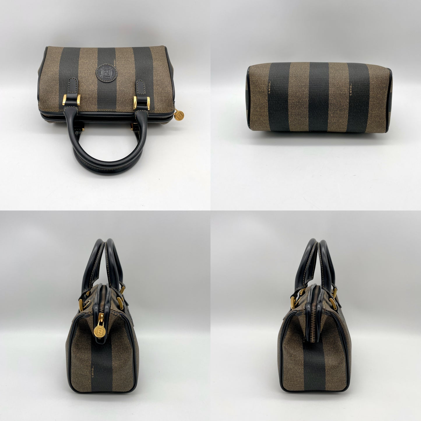 FENDI Pecan Mini Boston 20cm Handbag Black Khaki PVC Leather