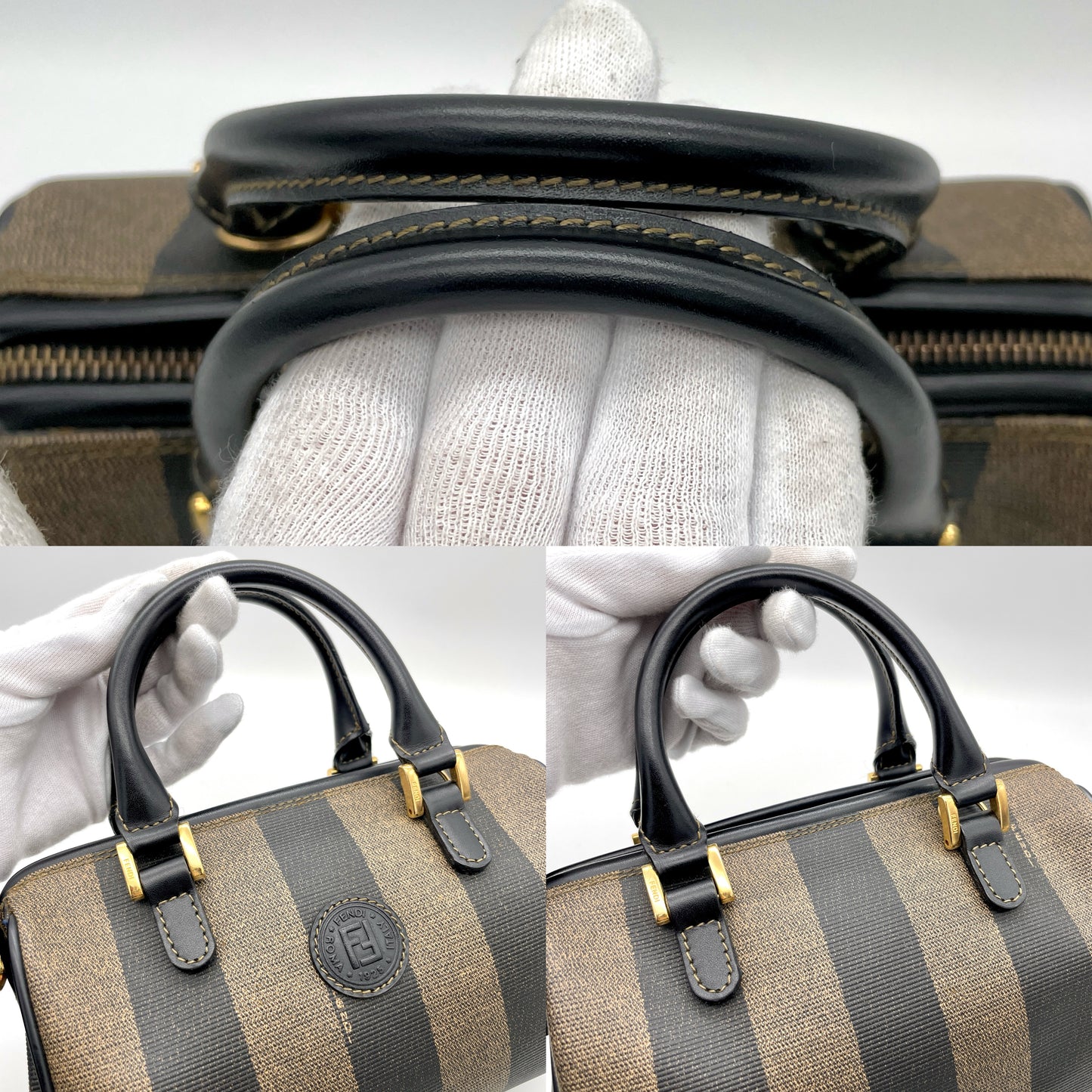 FENDI Pecan Mini Boston 20cm Handbag Black Khaki PVC Leather