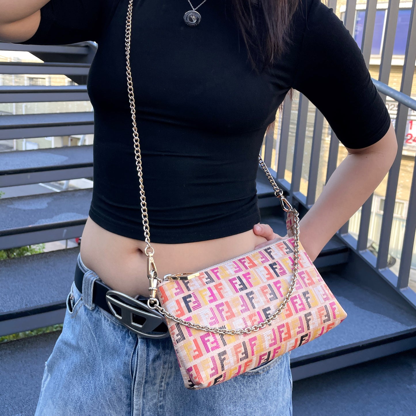 RARE☆☆☆FENDI Multicolor Zucca PVC Chain Handle Accessories Pouch Hand Bag Brown &amp; Muliticolor