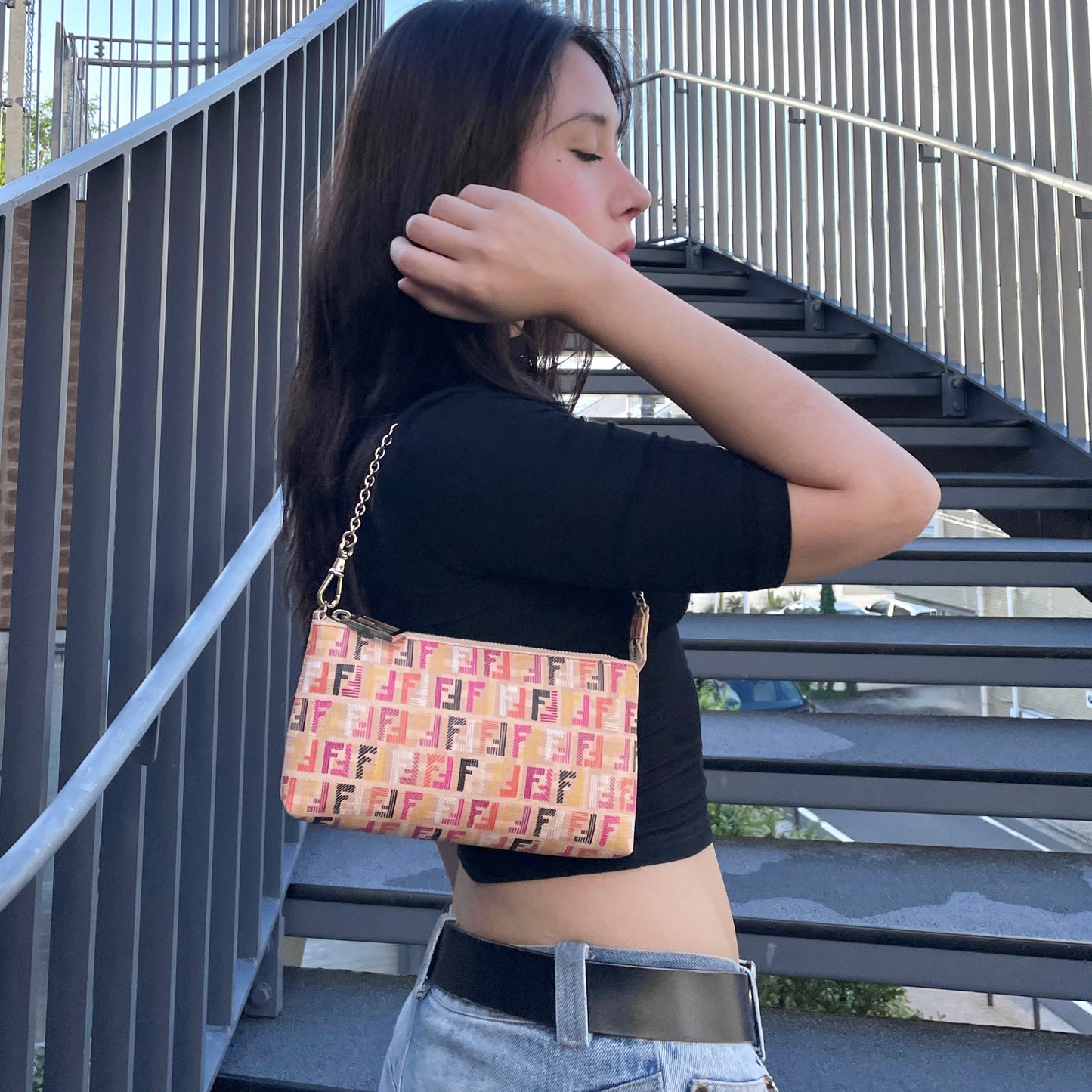 RARE☆☆☆FENDI Multicolor Zucca PVC Chain Handle Accessories Pouch Hand Bag Brown &amp; Muliticolor