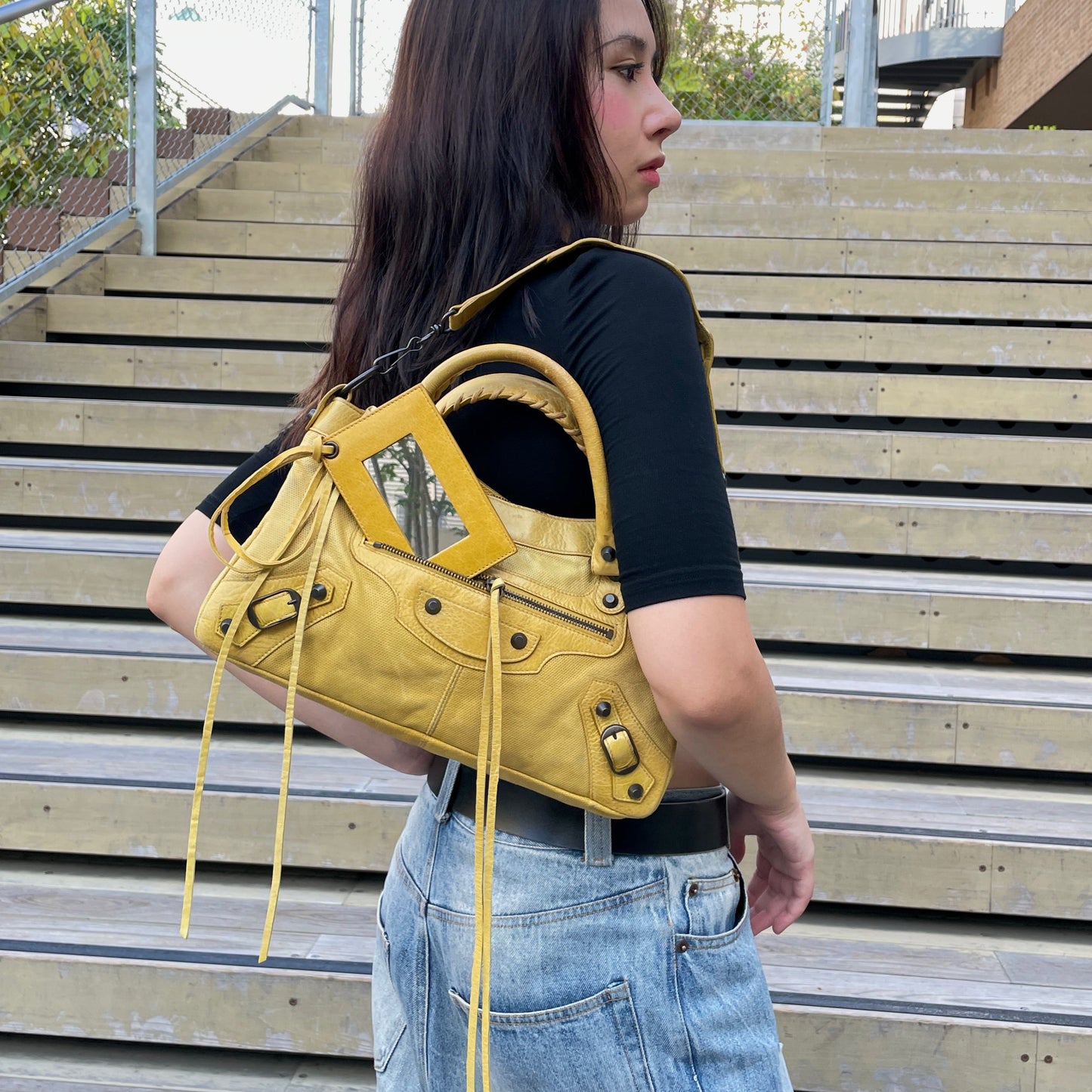 RARE☆☆☆☆Balenciaga Punching Leather Le City First 2Way Hand Bag with Strap Yellow &amp; Brass Hardware