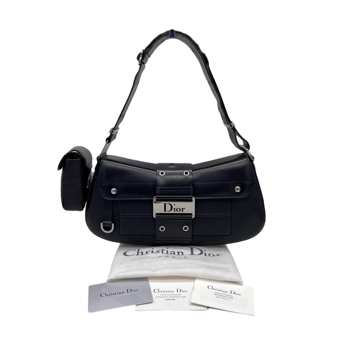 RARE☆☆☆☆CHRISTIAN DIOR Street Chic Columbus Bag Leather Shoulder Bag MM Black & Silver Pocket x 1