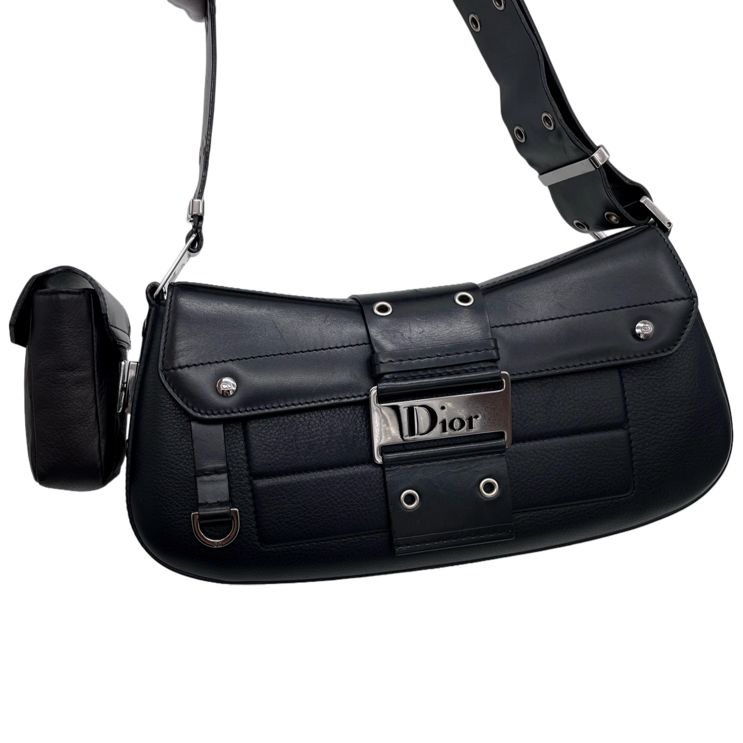 RARE☆☆☆☆CHRISTIAN DIOR Street Chic Columbus Bag Leather Shoulder Bag MM Black & Silver Pocket x 1