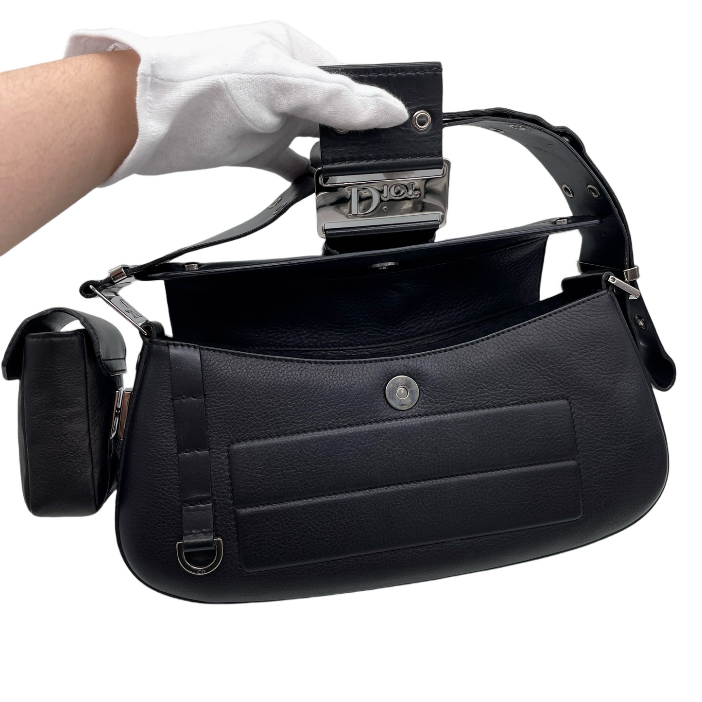 RARE☆☆☆☆CHRISTIAN DIOR Street Chic Columbus Bag Leather Shoulder Bag MM Black & Silver Pocket x 1