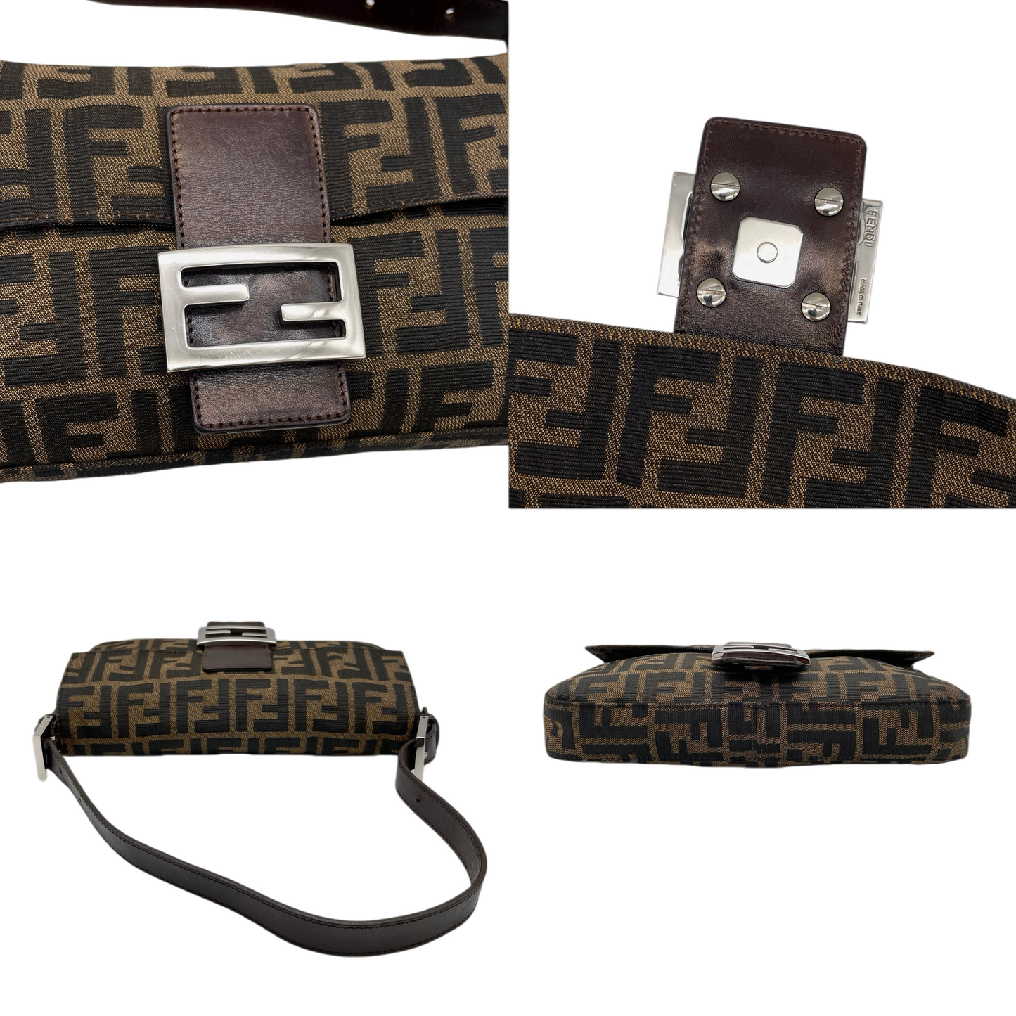 FENDI Zucca Canvas Mamma Baguette PM Shoulder Bag Brown & Silver
