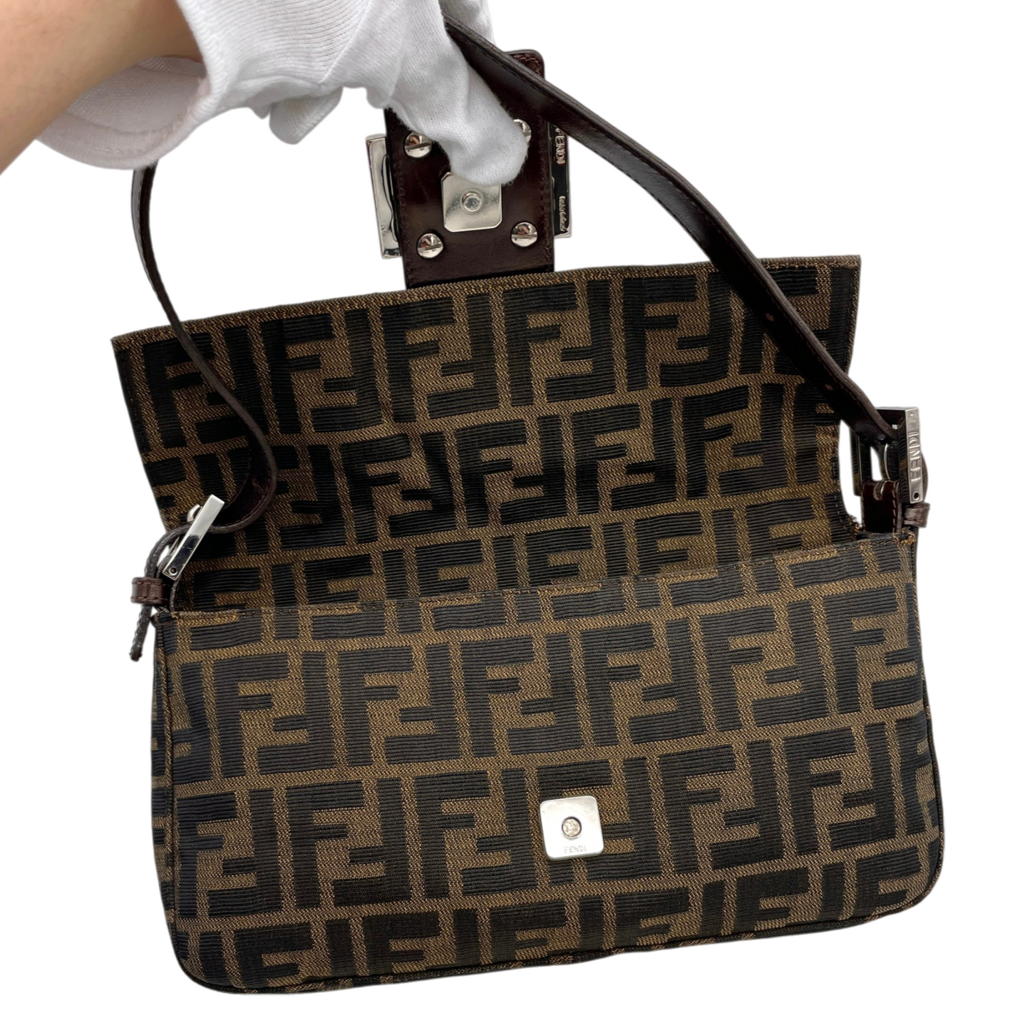 FENDI Zucca Canvas Mamma Baguette PM Shoulder Bag Brown & Silver