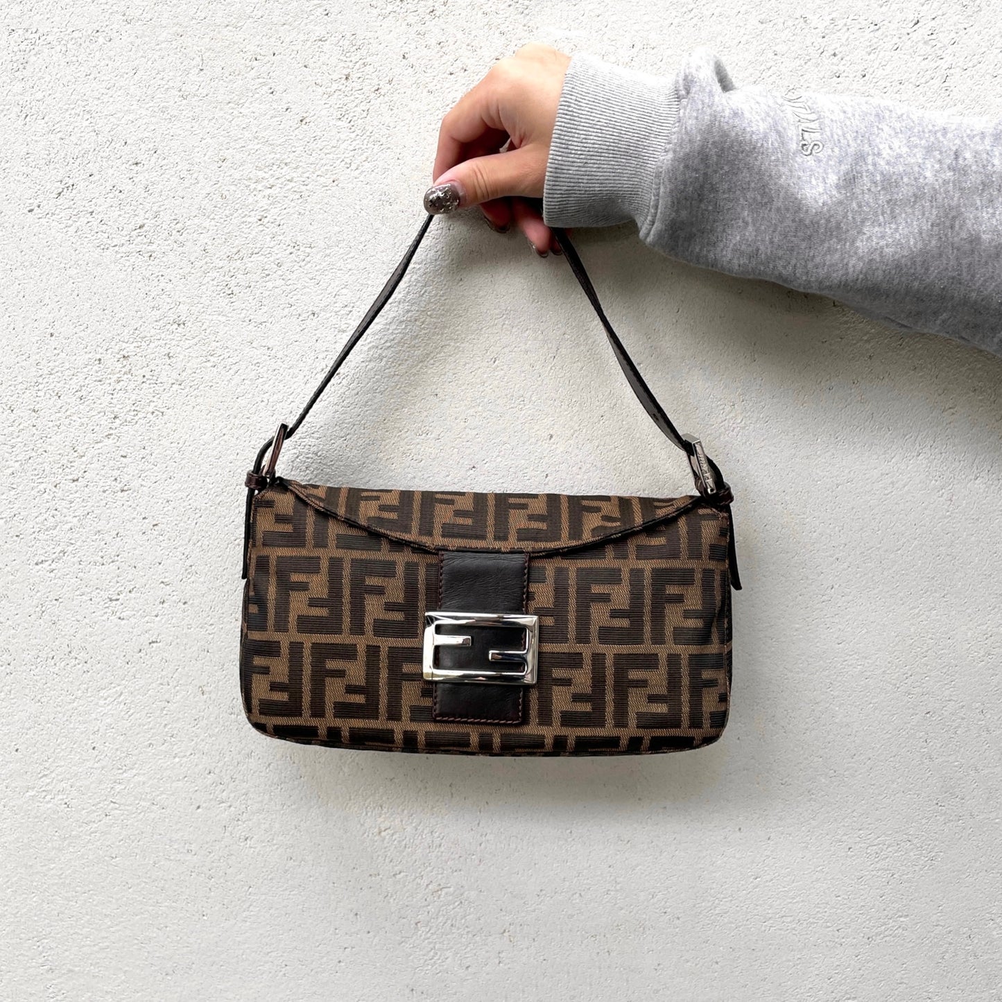 FENDI Zucca Canvas Double Round Flap Mamma Baguette Shoulder Bag PM Brown & Silver