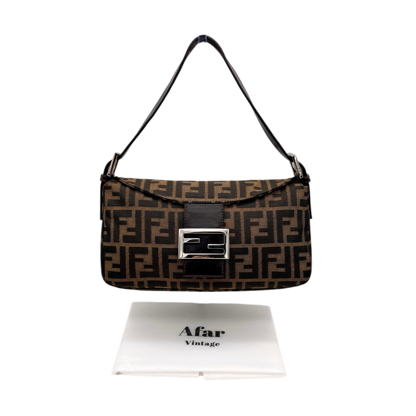 FENDI Zucca Canvas Double Round Flap Mamma Baguette Shoulder Bag PM Brown & Silver