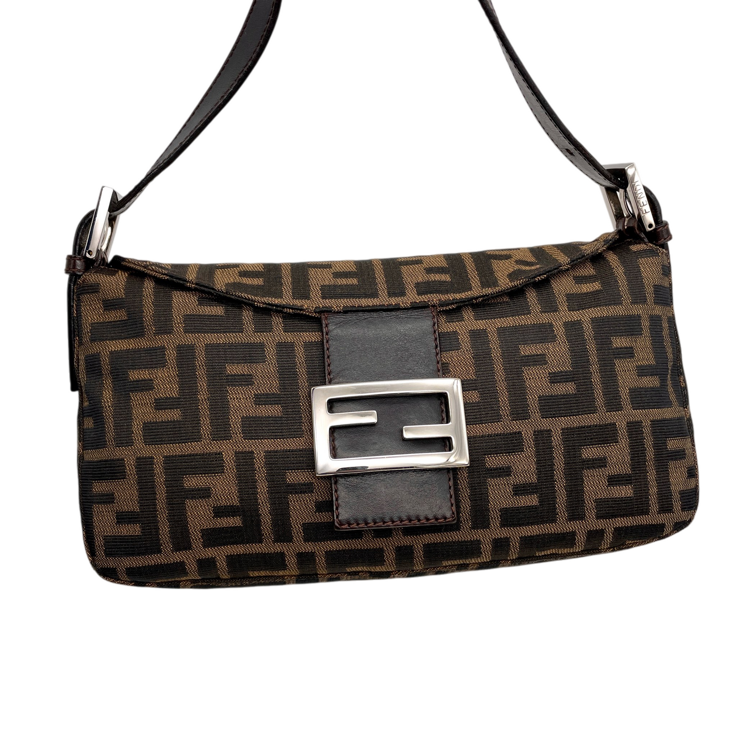 FENDI Zucca Canvas Double Round Flap Mamma Baguette Shoulder Bag PM Brown & Silver