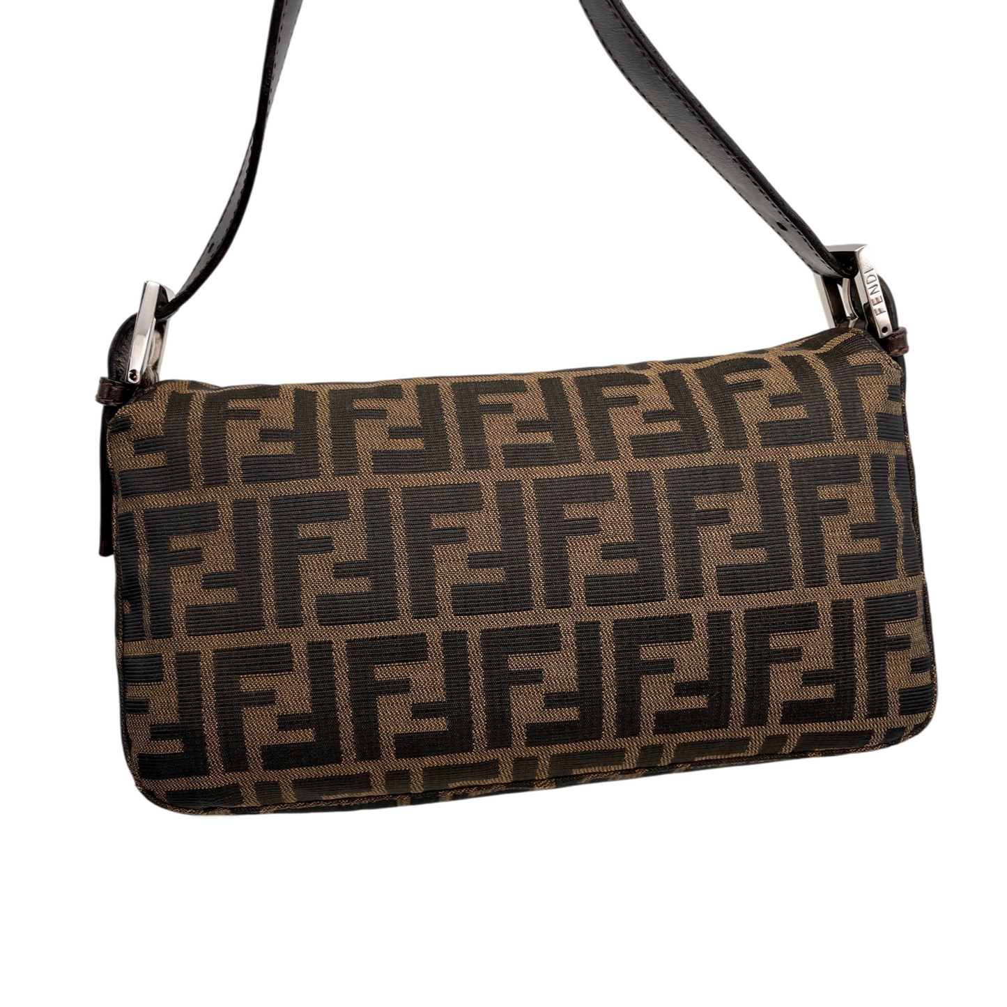 FENDI Zucca Canvas Double Round Flap Mamma Baguette Shoulder Bag PM Brown & Silver