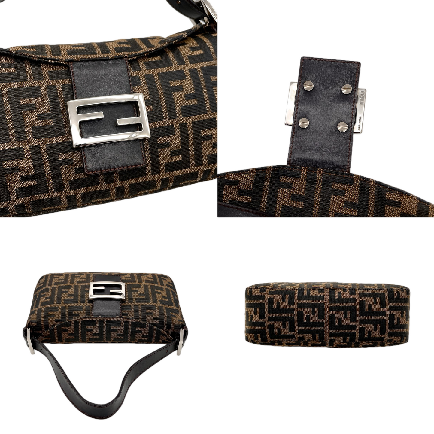 FENDI Zucca Canvas Double Round Flap Mamma Baguette Shoulder Bag PM Brown & Silver