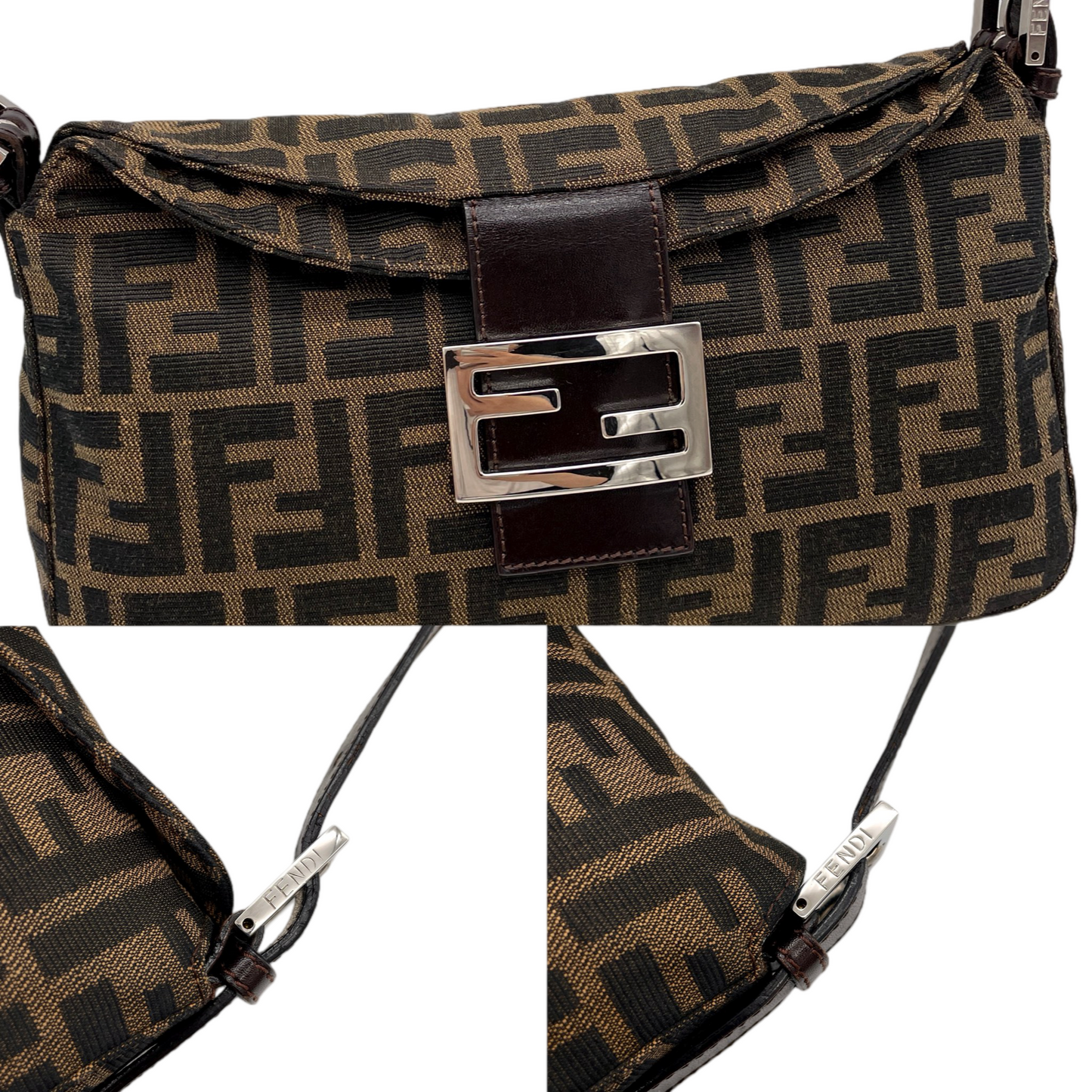 FENDI Zucca Canvas Double Round Flap Mamma Baguette Shoulder Bag PM Brown & Silver