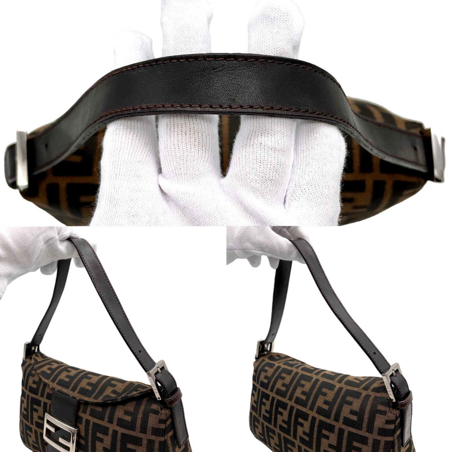 FENDI Zucca Canvas Double Round Flap Mamma Baguette Shoulder Bag PM Brown & Silver