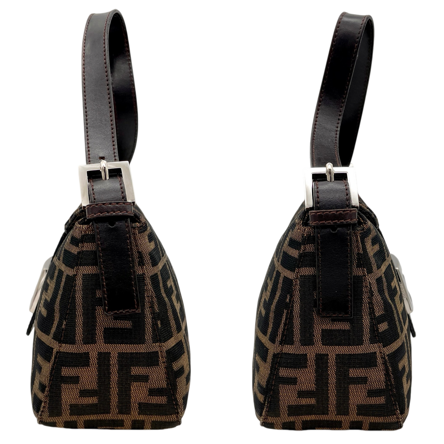 FENDI Zucca Canvas Double Round Flap Mamma Baguette Shoulder Bag PM Brown & Silver