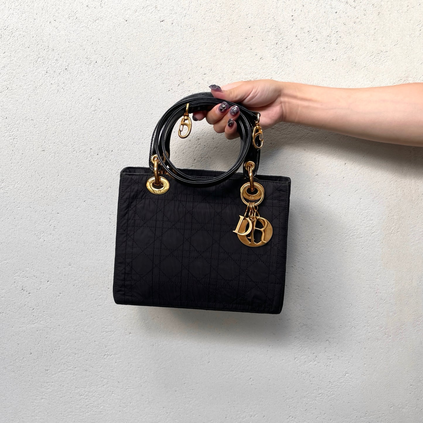 CHRISTIAN DIOR Lady-Dior Cannage Nylon Patent Leather Charm Top Handle Bag Medium Black Gold