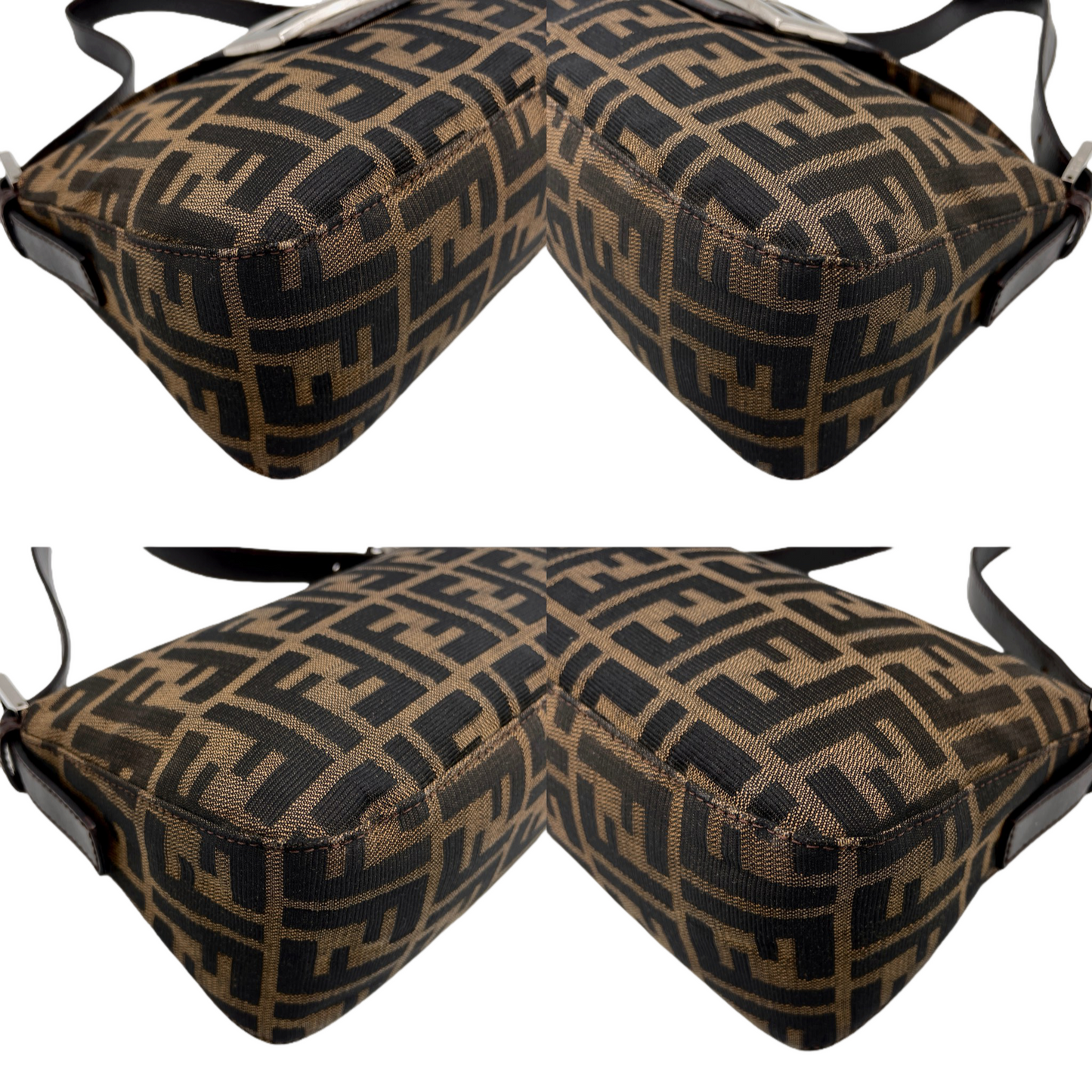 FENDI Zucca Canvas Double Round Flap Mamma Baguette Shoulder Bag PM Brown & Silver