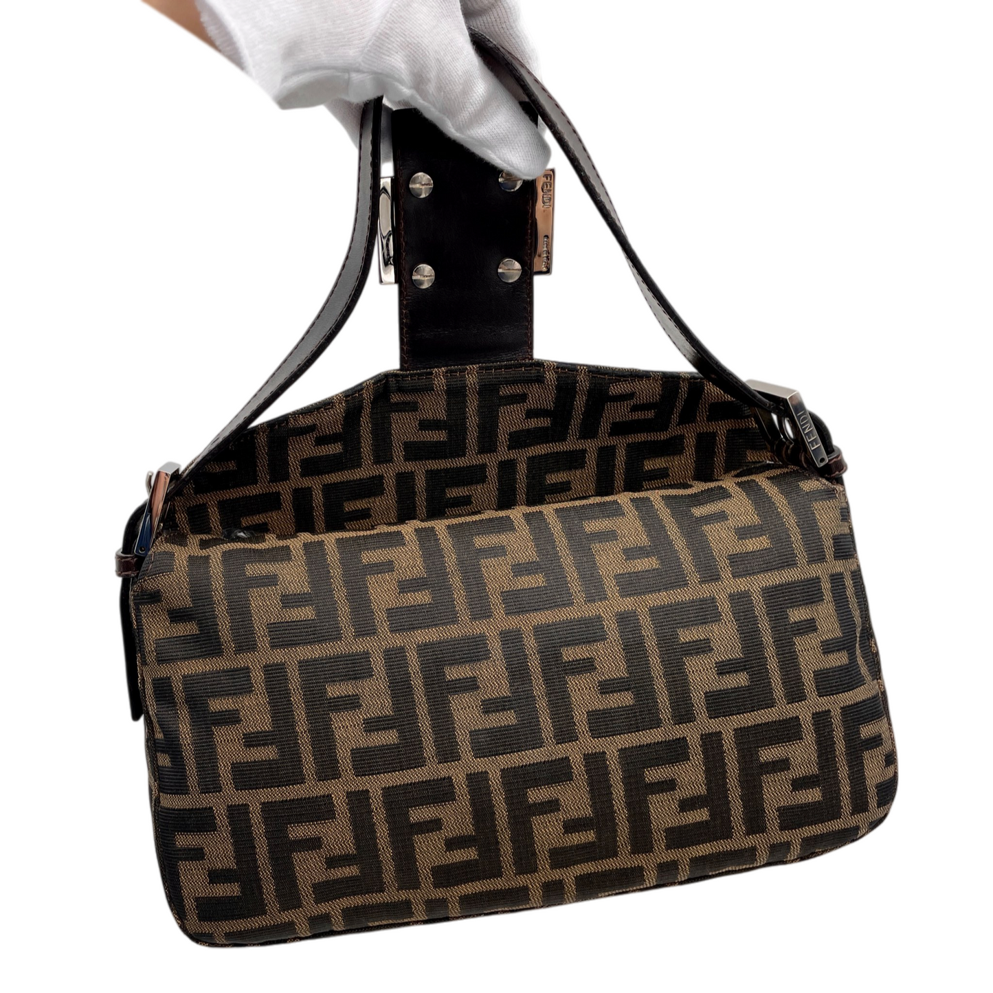 FENDI Zucca Canvas Double Round Flap Mamma Baguette Shoulder Bag PM Brown & Silver