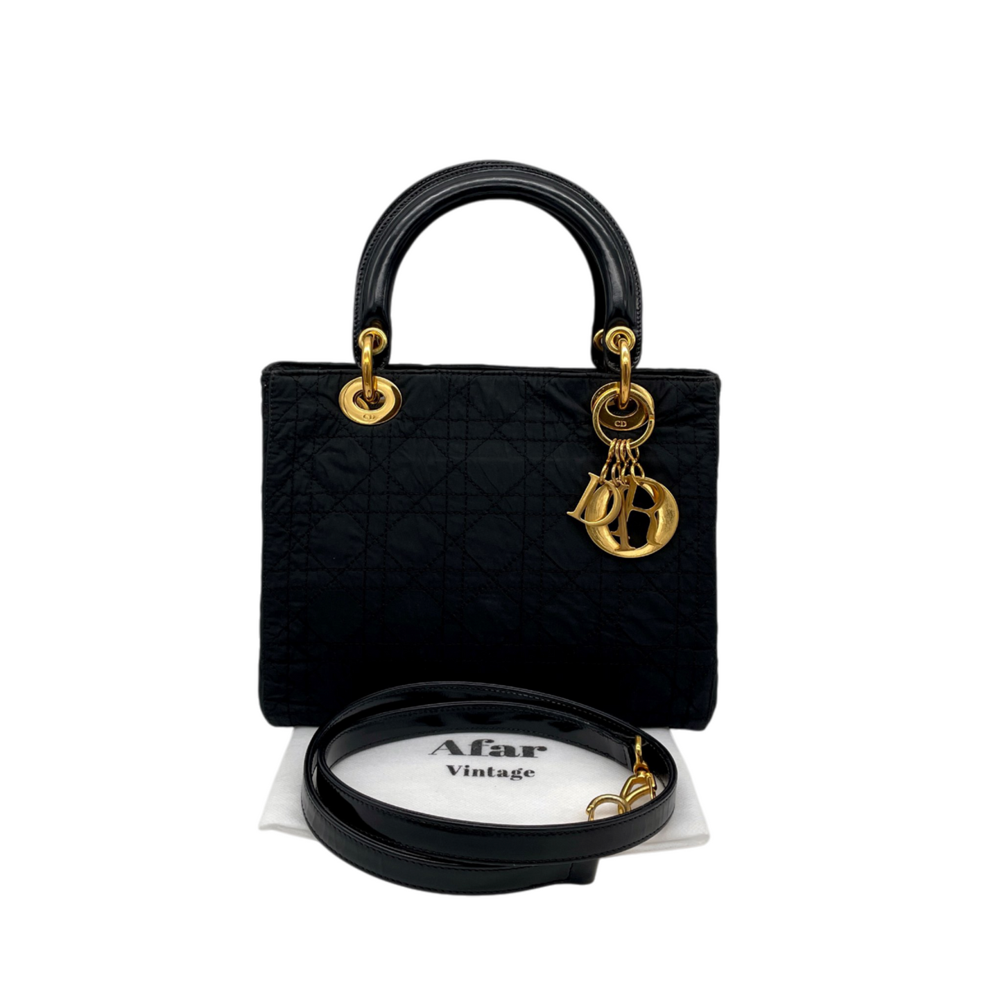 CHRISTIAN DIOR Lady-Dior Cannage Nylon Patent Leather Charm Top Handle Bag Medium Black Gold