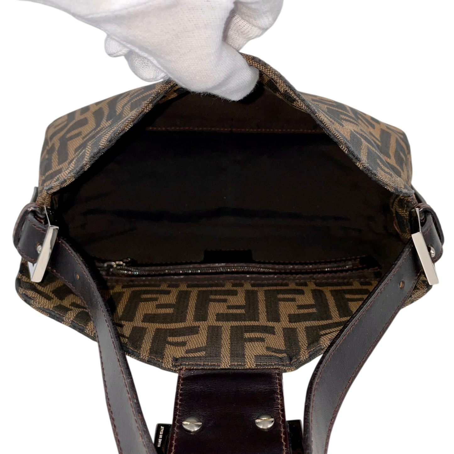 FENDI Zucca Canvas Double Round Flap Mamma Baguette Shoulder Bag PM Brown & Silver