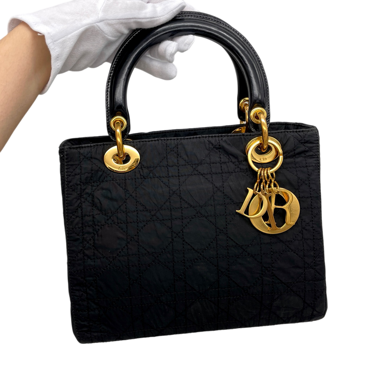 CHRISTIAN DIOR Lady-Dior Cannage Nylon Patent Leather Charm Top Handle Bag Medium Black Gold