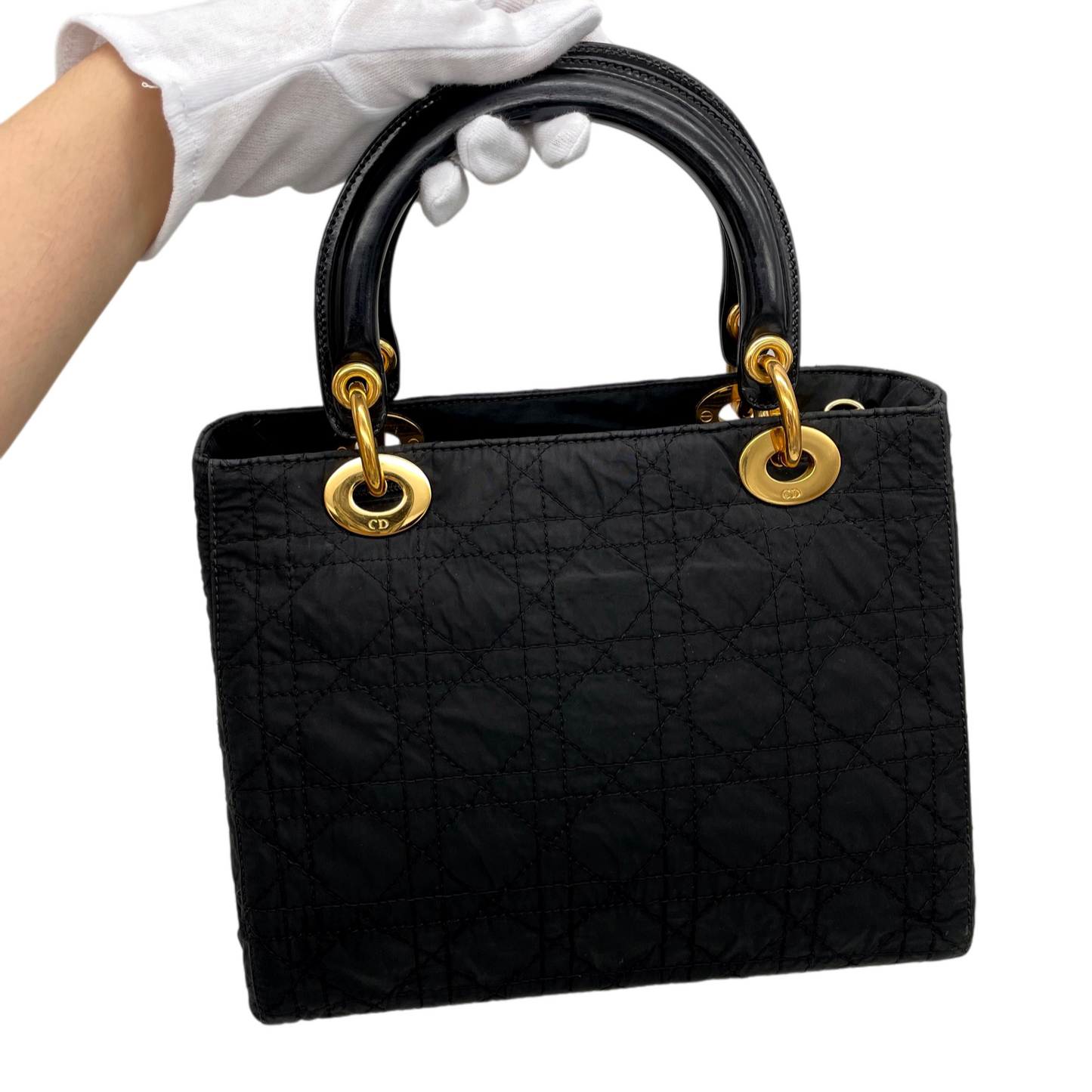 CHRISTIAN DIOR Lady-Dior Cannage Nylon Patent Leather Charm Top Handle Bag Medium Black Gold