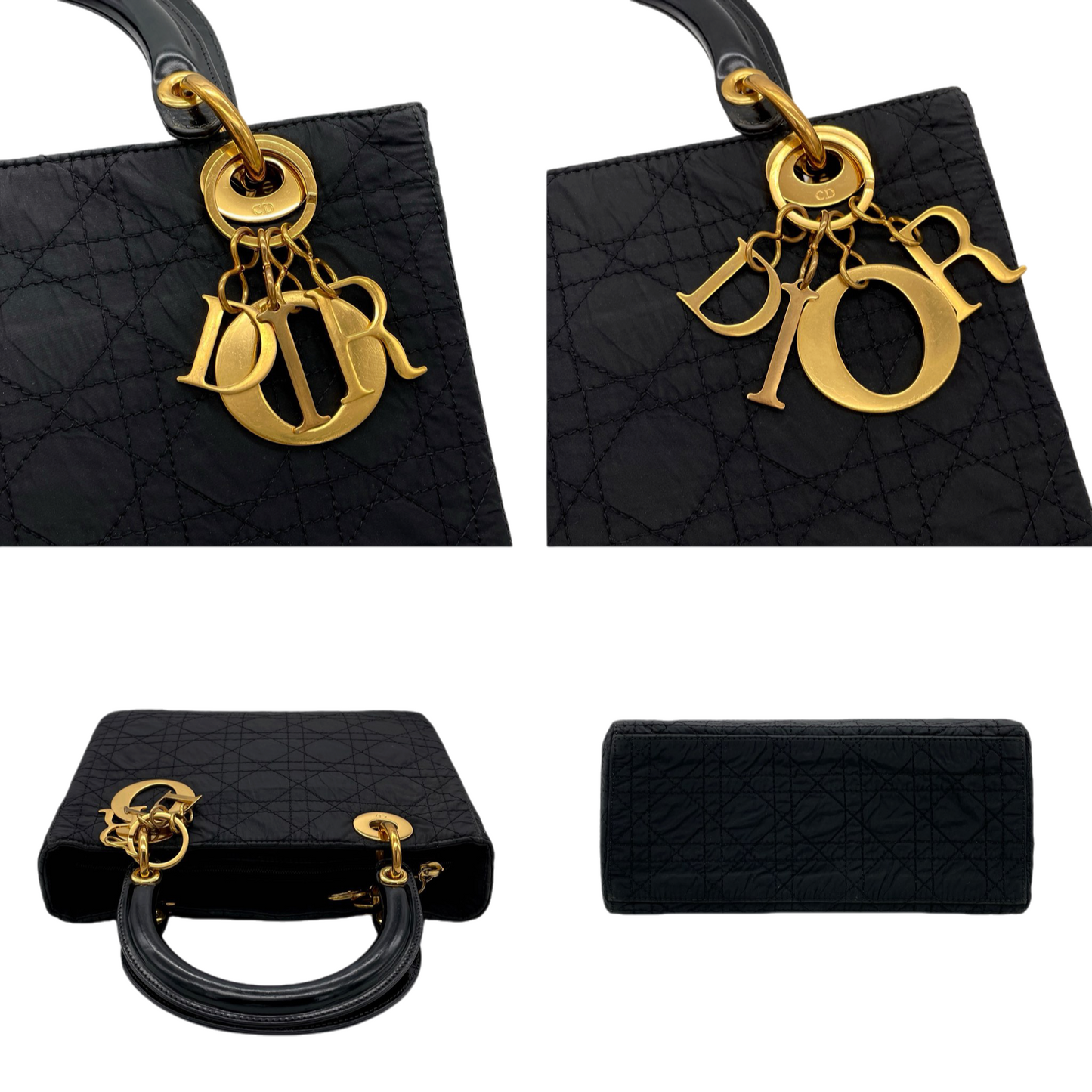 CHRISTIAN DIOR Lady-Dior Cannage Nylon Patent Leather Charm Top Handle Bag Medium Black Gold
