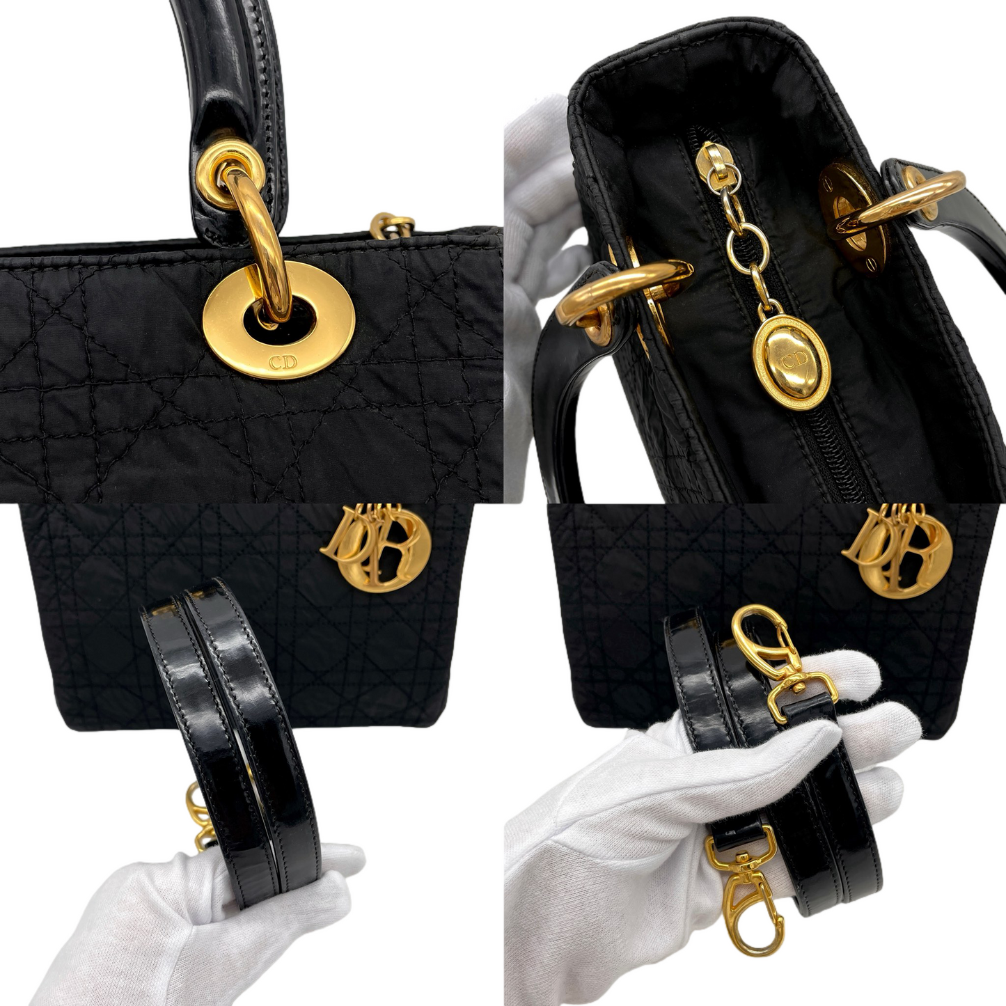 CHRISTIAN DIOR Lady-Dior Cannage Nylon Patent Leather Charm Top Handle Bag Medium Black Gold